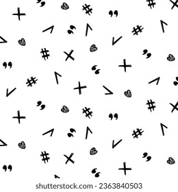 Seamless pattern of signs, tick, cross, quotation marks. Math pattern, minimalism, vector