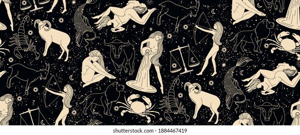 Seamless pattern - signs of the zodiac. Gold illustration of astrological signs on a dark background. Magical illustrations of women and animals in the blooming sky.