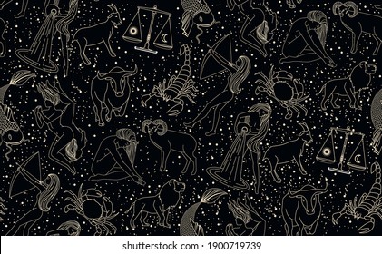 Seamless pattern - signs of the zodiac. Gold illustration of astrological signs on a dark background. Magical illustrations of women and animals in the blooming sky.