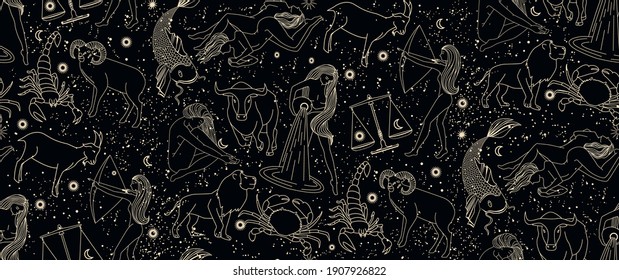 Seamless pattern - signs of the zodiac. Gold illustration of astrological signs on a dark background. Magical illustrations of women and animals in the starry sky. - Shutterstock ID 1907926822