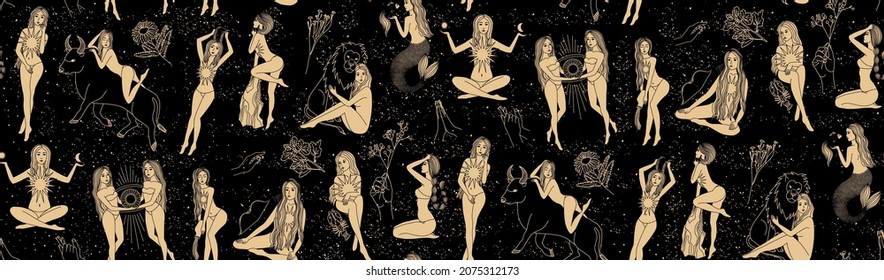Seamless pattern - signs of the zodiac. Gold illustration of astrological signs on a dark background. Magical illustrations of women and animals in the blooming sky. Mystical women. Flora and magic.
