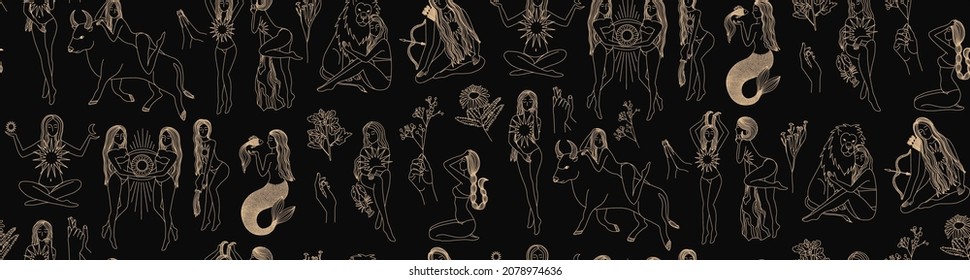 Seamless pattern - signs of the zodiac. Gold illustration of astrological signs on a dark background. Magical illustrations of women and animals in the blooming sky. Mystical women. Flora and magic.