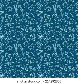 Seamless pattern of signs of the zodiac painted by hand in blue tones.