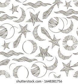Seamless pattern. Signs of the zodiac, phases of the moon, sun and moon. Engraving style. Astrology.