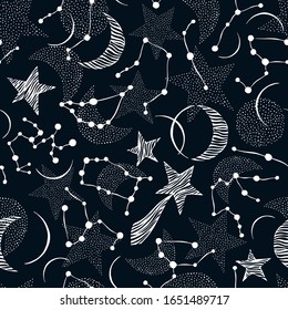 Seamless pattern. Signs of the zodiac, phases of the moon, sun and moon. Engraving style. Astrology.