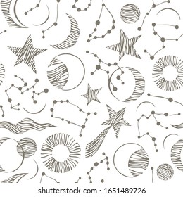 Seamless pattern. Signs of the zodiac, phases of the moon, sun and moon. Engraving style. Astrology.