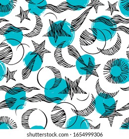 Seamless pattern. Signs of the zodiac, phases of the moon, sun and moon. Engraving style. Astrology.