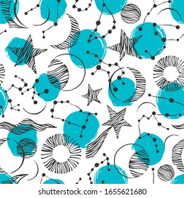 Seamless pattern. Signs of the zodiac, phases of the moon, sun and moon. Engraving style. Astrology.