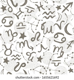 Seamless pattern. Signs of the zodiac, phases of the moon, sun and moon. Engraving style. Astrology.