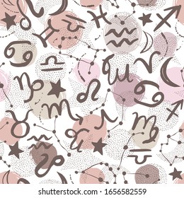 Seamless pattern. Signs of the zodiac, phases of the moon, sun and moon. Engraving style. Astrology.