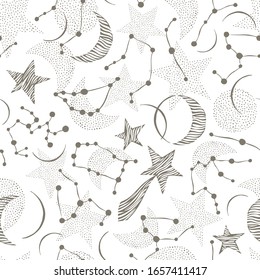 Seamless pattern. Signs of the zodiac, phases of the moon, sun and moon. Engraving style. Astrology.