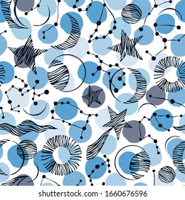 Seamless pattern. Signs of the zodiac, phases of the moon, sun and moon. Engraving style. Astrology.