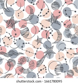 Seamless pattern. Signs of the zodiac, phases of the moon, sun and moon. Engraving style. Astrology.