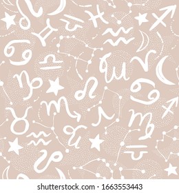 Seamless pattern. Signs of the zodiac, phases of the moon, sun and moon. Engraving style. Astrology.