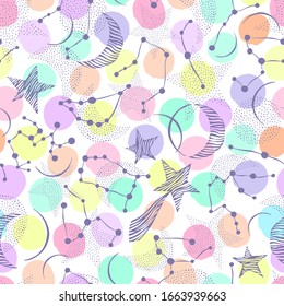 Seamless pattern. Signs of the zodiac, phases of the moon, sun and moon. Engraving style. Astrology.