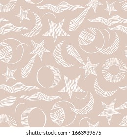 Seamless pattern. Signs of the zodiac, phases of the moon, sun and moon. Engraving style. Astrology.