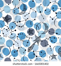 Seamless pattern. Signs of the zodiac, phases of the moon, sun and moon. Engraving style. Astrology.