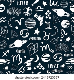 Seamless pattern. Signs of the zodiac, phases of the moon, sun and moon. Engraving style. Astrology.