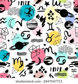 Seamless pattern. Signs of the zodiac, phases of the moon, sun and moon. Engraving style. Astrology.