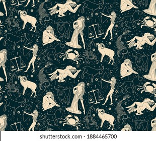 Seamless pattern - signs of the zodiac. Silhouettes of golden color astrological signs on a dark background. Magical illustrations of women and animals in the starry sky.