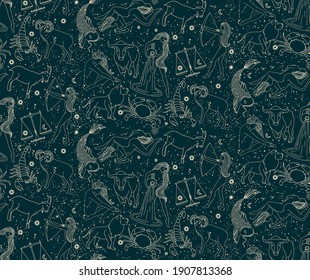 Seamless pattern - signs of the zodiac. Silhouettes of golden color astrological signs on a dark background. Magical illustrations of women and animals in the starry sky.