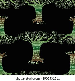 Seamless pattern of silhouette abstract green trees 