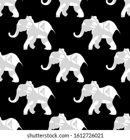 Seamless pattern with the silhouette of an African elephant. Vector hand-drawn illustration isolated on white background. Perfect for invitations, greeting cards, print, flyers, posters.