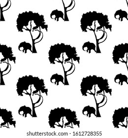 Seamless pattern with the silhouette of an African elephant and tree. Vector hand drawn illustration on a beautiful background. Perfect for invitations, cards, prints, flyers, posters.