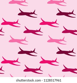 Seamless pattern with silhouette of airplane on pink background.