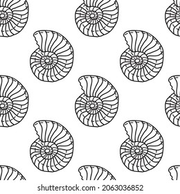 Seamless pattern with the silhouette of an ancient nautilus shell, a fossil. Vector illustration