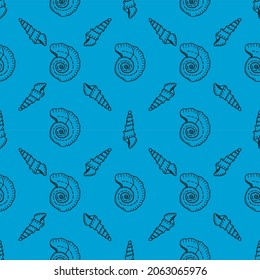 Seamless pattern with the silhouette of an ancient nautilus shell and gastropoda on blue background, a fossil. Vector illustration