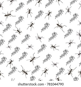 Seamless pattern with Silhouette of ants and leaves. Black and White Design.