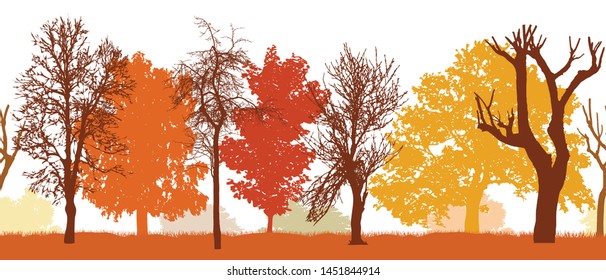 Seamless pattern of silhouette of autumn park (different trees), vector illustration. 