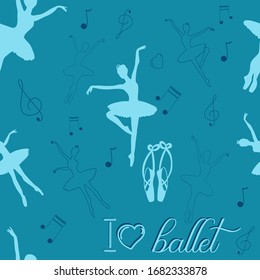 Seamless Pattern Silhouette of a ballerina in tutu on a blue background. Illustration Silhouette of a ballerina in a pack for packaging, for textiles. Vector Trend Stock Illustration