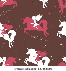 Seamless pattern with silhouette of beautiful fairy on brown background. She is sitting on magical unicorn. Vector illustration.