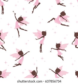 Seamless pattern with silhouette of beautiful fairy on white background. Vector illustration.