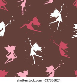 Seamless pattern with silhouette of beautiful fairy on brown background. Vector illustration.