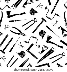 Seamless pattern of silhouette black carpentry tools on white background. Vector flat illustration