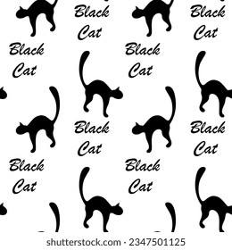 Seamless pattern of silhouette a black cat with lettering Black Cat. Happy National Black Cat Day
