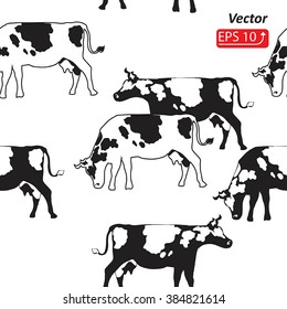Seamless Pattern Silhouette of a black cow isolated on white background vector illustration