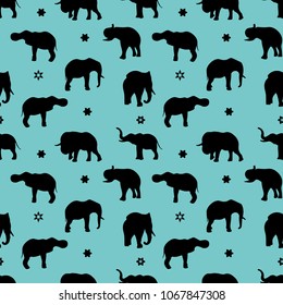 Seamless pattern, silhouette of a black elephant on a light blue background, vector