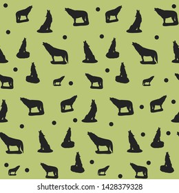 Seamless pattern, silhouette of a black wolf howling, on a green background, vector