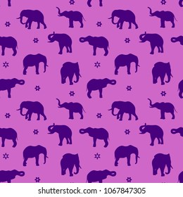 Seamless pattern, silhouette blue elephant on purple background, vector