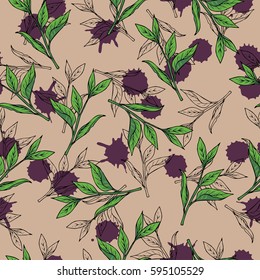 Seamless pattern with silhouette branches and green tea leaves on beige background with violet backdrops. Hand drawn vector illustration.
