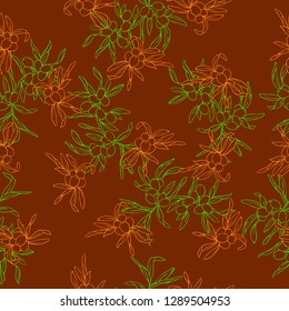 Seamless pattern with silhouette buckthorn branches on dark brown background. Hand drawn vector illustration.