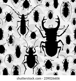 Seamless pattern with silhouette of bugs. Contrast vector drawing of small beetles. Insect on the background with gray leaves. Cartoon bug wallpaper.