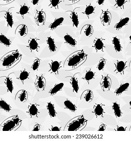 Seamless pattern with silhouette of bugs. Contrast vector drawing of small beetles. Insect on the background with gray leaves. Cartoon bug wallpaper.