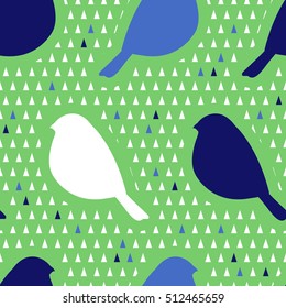 Seamless pattern with silhouette of bullfinch and triangles. New year and Christmas background.
