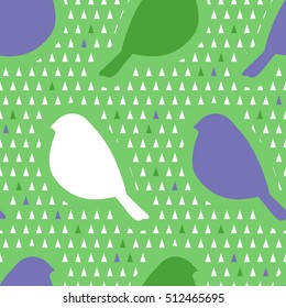 Seamless pattern with silhouette of bullfinch and triangles. New year and Christmas background.