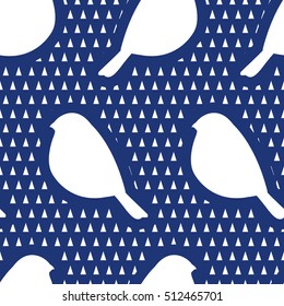 Seamless pattern with silhouette of bullfinch and triangles. New year and Christmas background.